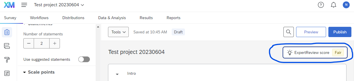 Expert review button in the survey editor