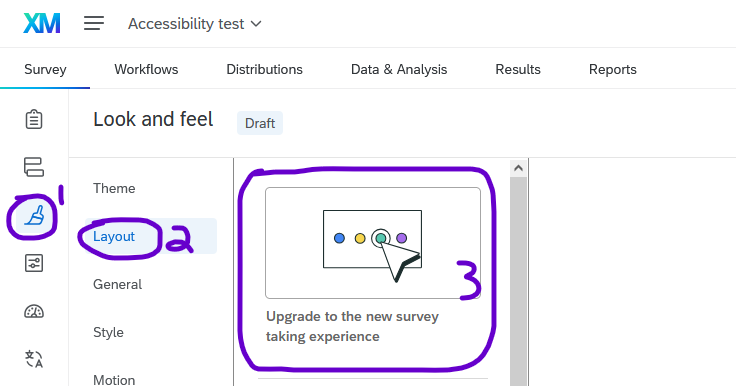 Screenshot highlighting the button to upgrade to the new survey experience