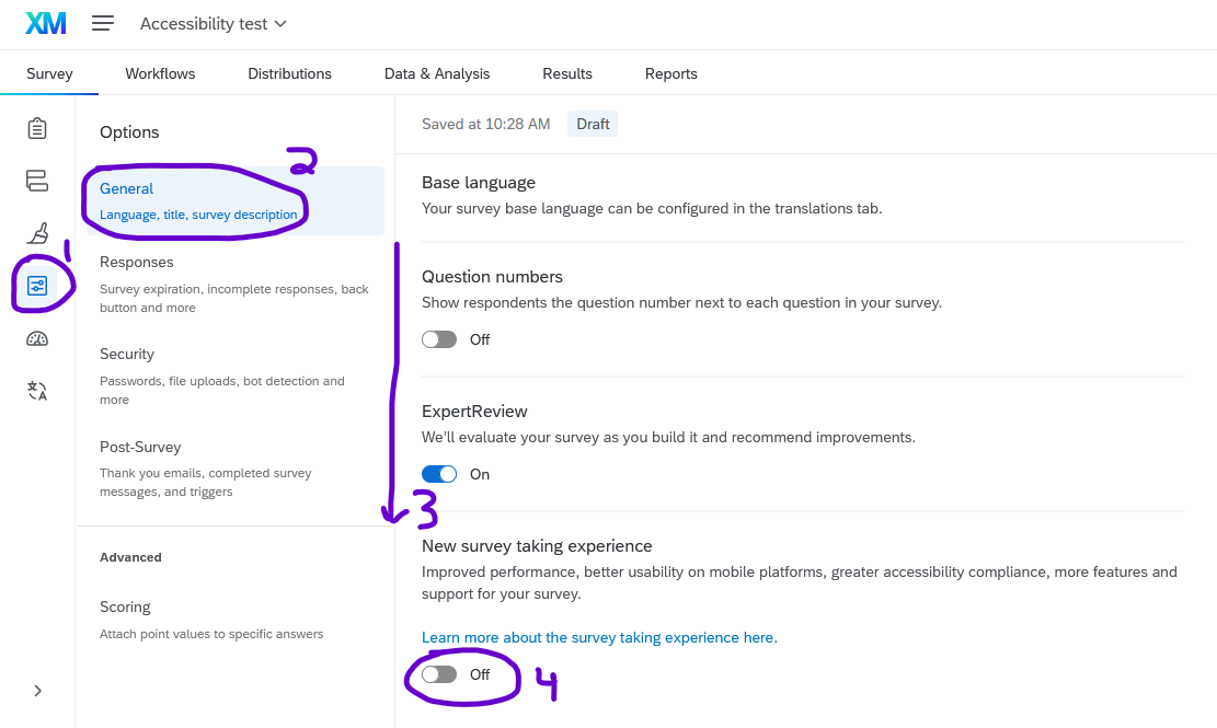 The new survey taking experience in the survey options menu