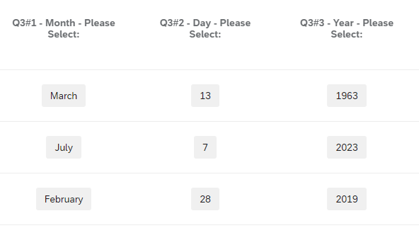 Screenshot showing survey data where the month, day, and year are in separate columns.
