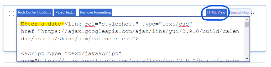 Question editor after clicking HTML view