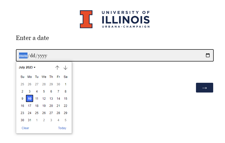 Survey question with a small popup calendar