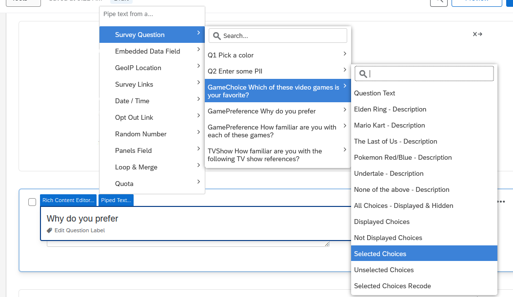 Piping in the 'selected choices'