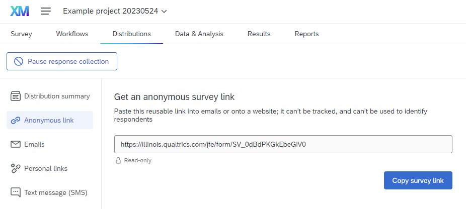 Screenshot of the distributions tab that says, get an anonymous survey link