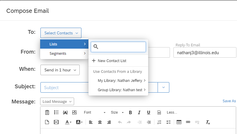 In the compose email popup, select a contact list