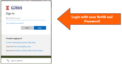 Qualtrics login screen. Callout text emphasizes to sign in with net ID at illinois dot edu