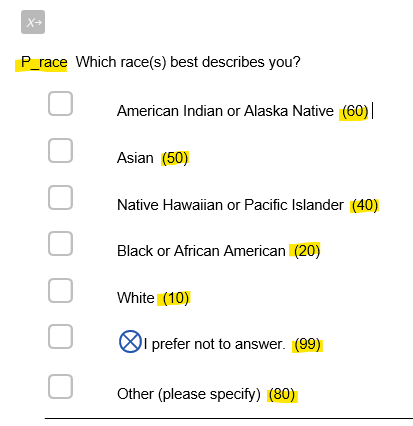 Screenshot of word doc that reads, 'P_race | Which race(s) best describes you?' with answer choices 'American Indian or Alaska Native' recoded as 60, 'Asian' recoded as 50, and other race choices.