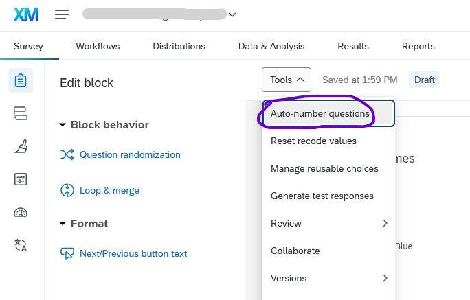 The Auto-number questions button