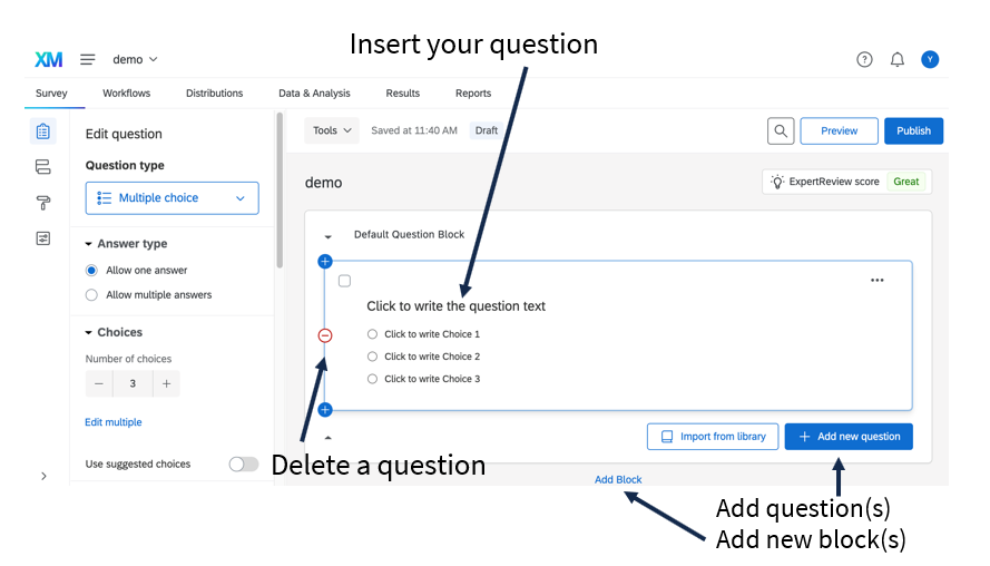 In the Question editing area, you can add new questions via the add new question button