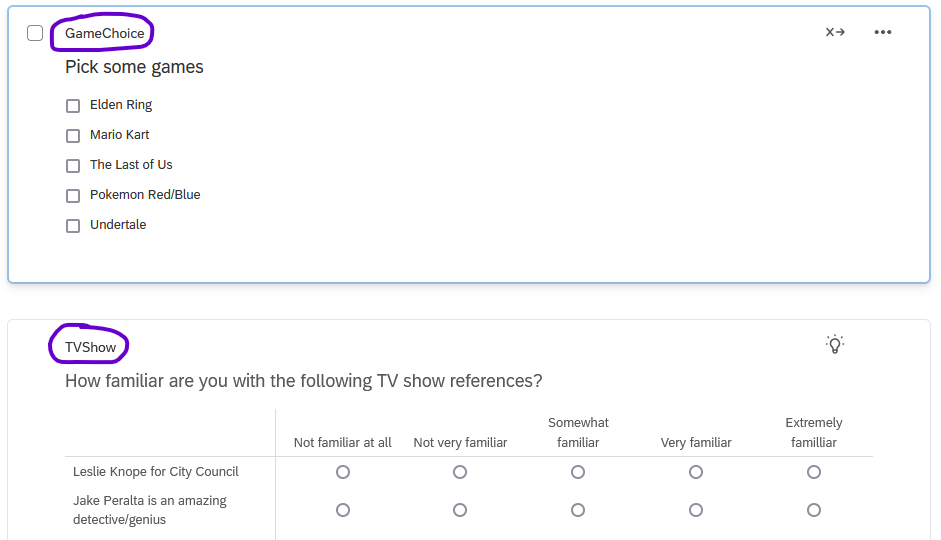 Screenshot of a question named Game Choice and a question named TV Show