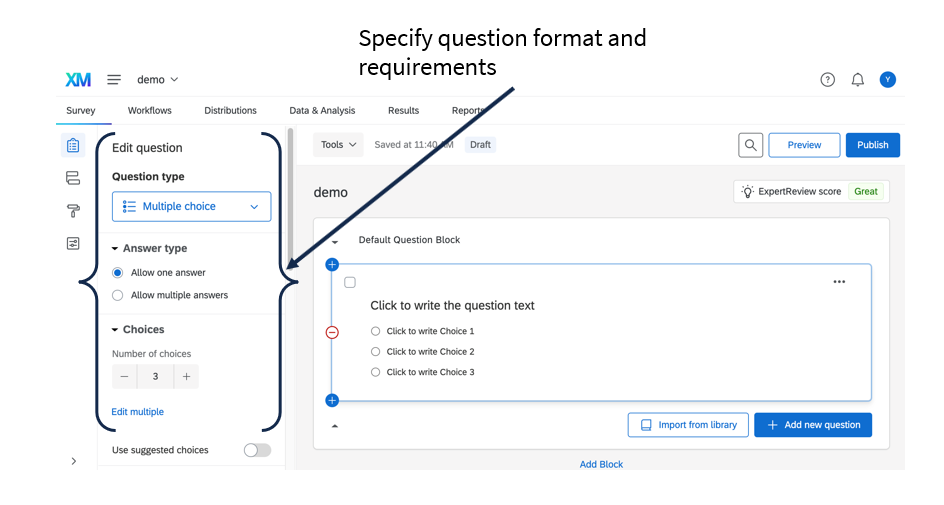 The question editing pane
