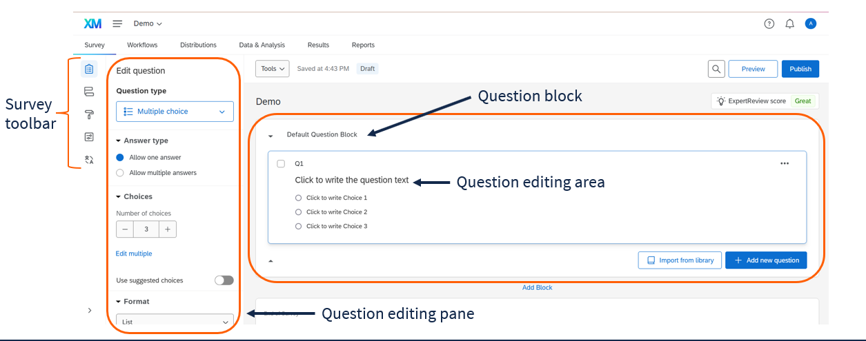 Screenshot highlighting the survey toolbar, question editing pane, and question editing area