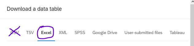 Screenshot highlighting Excel over csv as an export format
