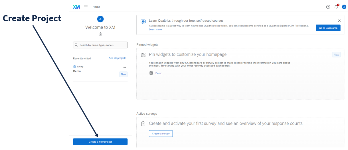 The Create project button on the Qualtrics landing page