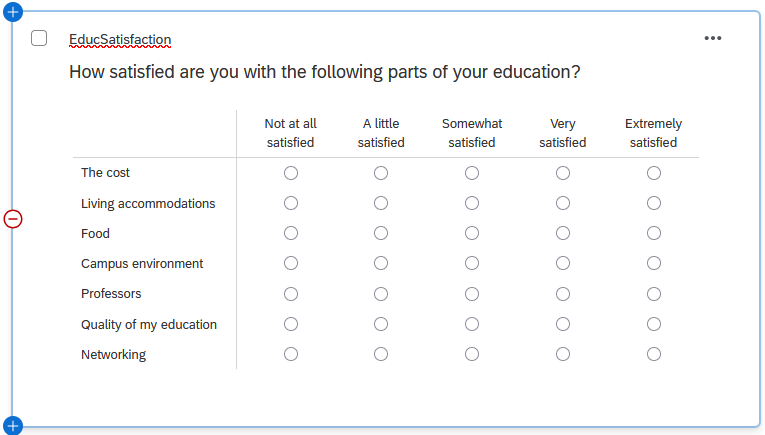 A matrix question asks, 'How satisfied are you with the following parts of your education?' with scale points in the columns, ranging from 'not at all satisfied' to 'extremely satisfied', and statements in the rows that include, among other things, 'the cost', 'living accommodations', 'food', and 'professors'.