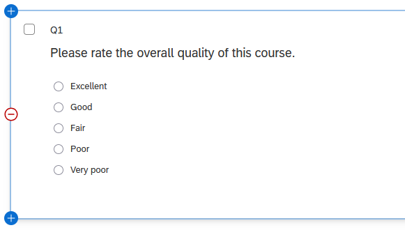 A multiple choice question instructs, 'Please rate the overall quality of this course,' with 5 options ranging from 'excellent' to 'very poor.'