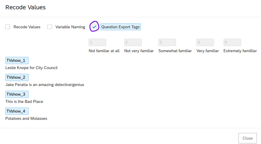 The 'Recode values' popup window with the 'Question Export Tags' checkbox highlighted.