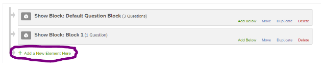 The 'Add a new element here' button appears below existing items in the survey flow.