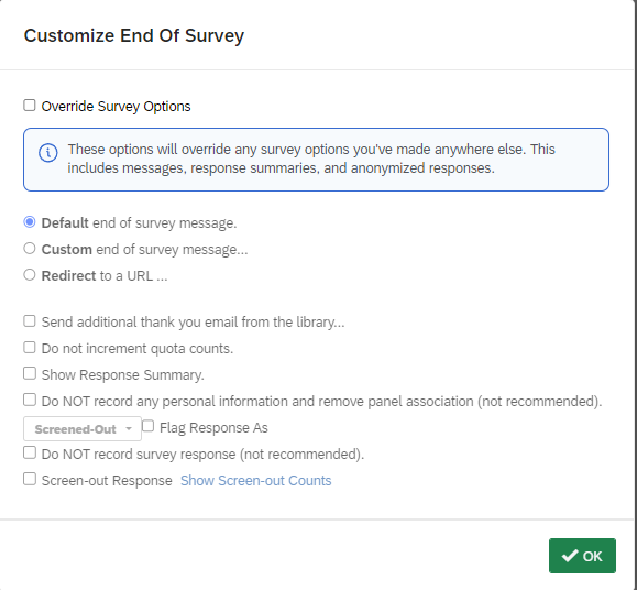 The customize end of survey popup menu