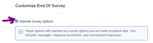 Customize end of survey popup, highlighting the 'Override Survey Options' checkbox.