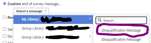 Popup menu showing a user's libraries to select a message from
