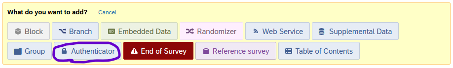 The Add element dialog box says, What do you want to add? and Authenticator is highlighted