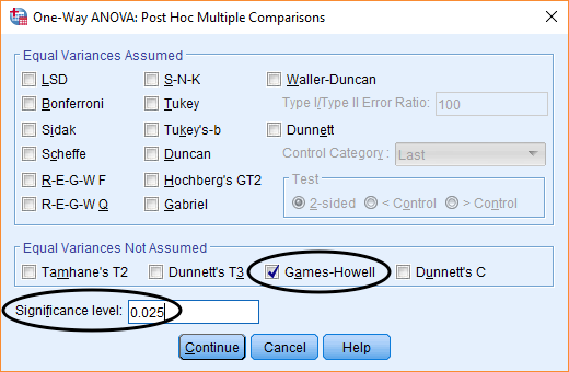 Post Hoc Tests dialog (Games-Howell) for Exercise 3